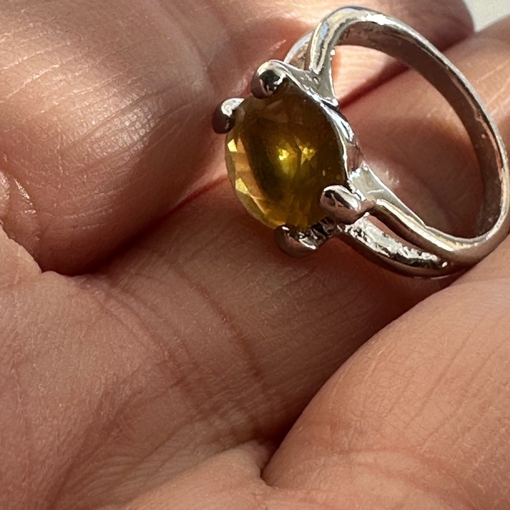 Olive Yellow Resin Statement Ring Silver Tone | Boho Artisan Style - Picture 2 of 5